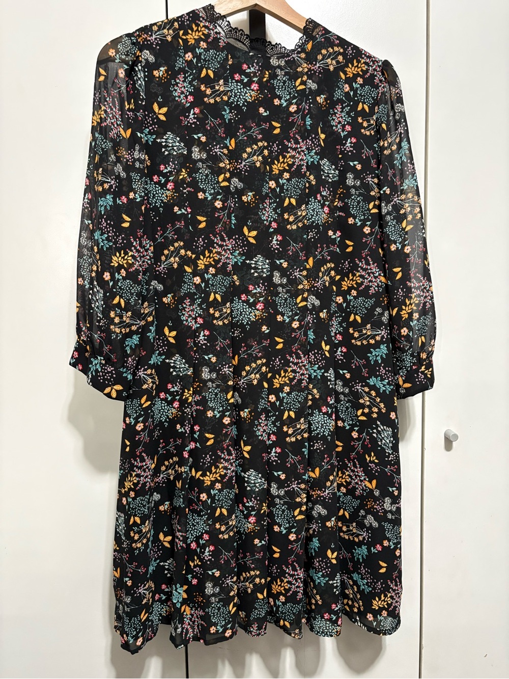 LC Lauren Conrad Black Floral Long Sleeve Midi Dress with Teal & Mustard Accents